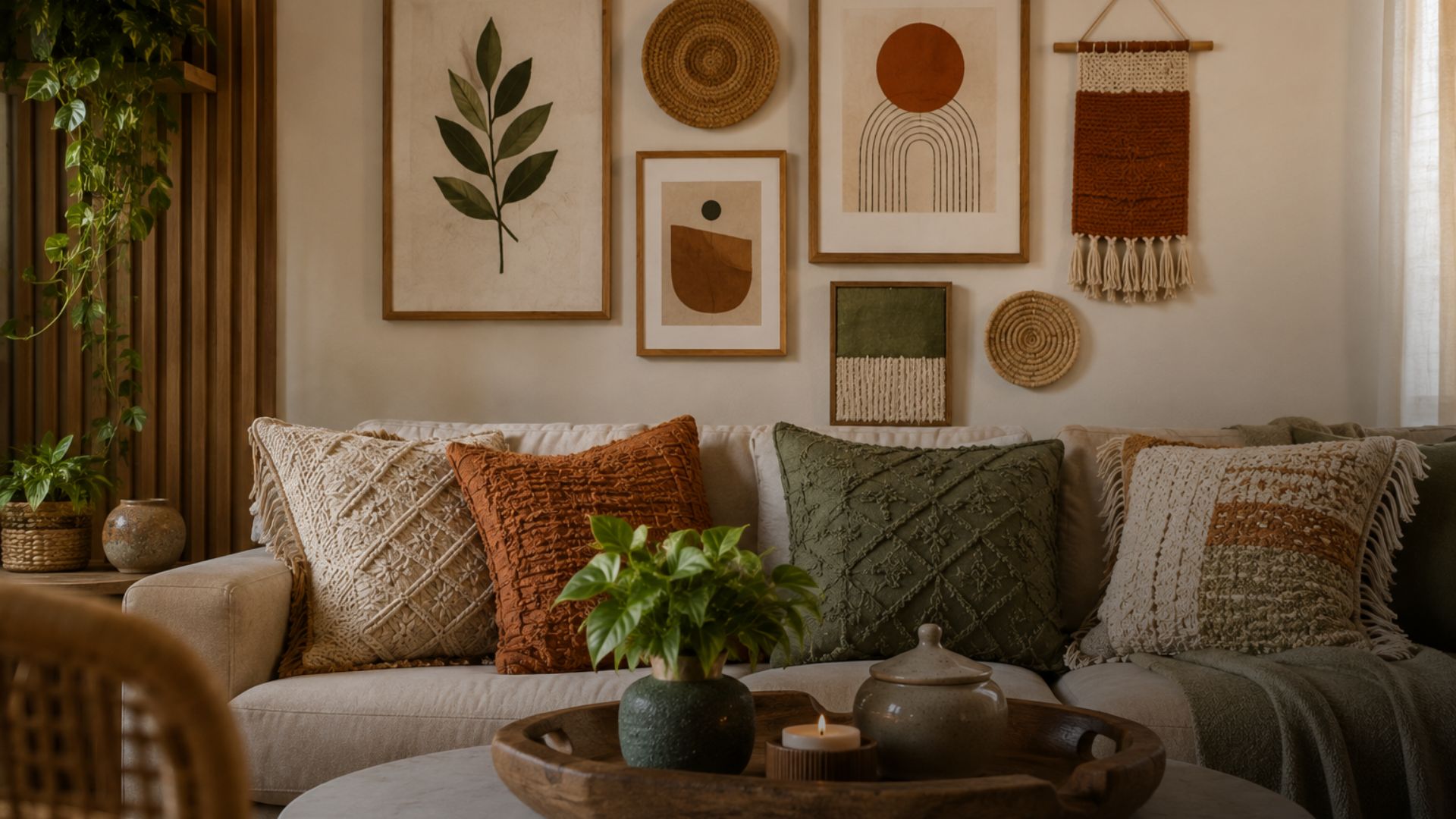 Composição de decoração faça você mesmo em sala com galeria de quadros, almofadas artesanais e bandeja de madeira.