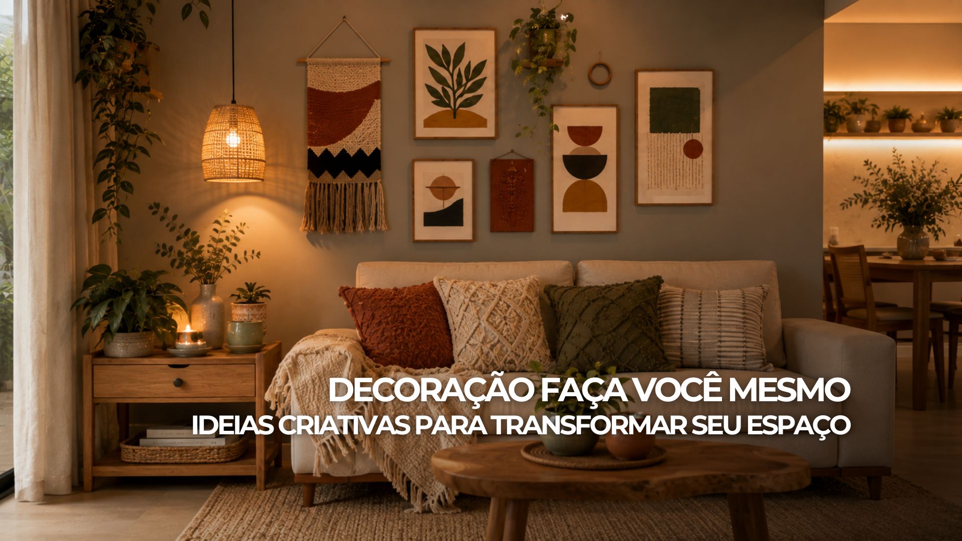 Sala aconchegante com quadros, almofadas, vasos e móvel de madeira personalizados em projetos faça você mesmo.