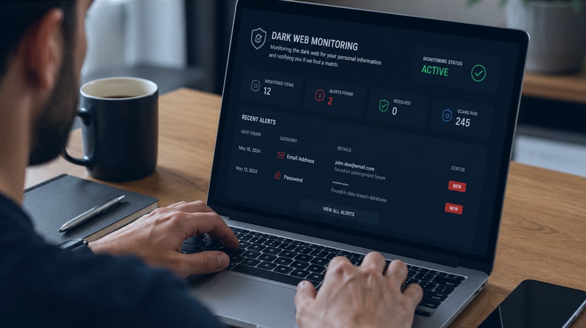 Man sitting at his laptop at a desk, looking at the screen of a dark web monitoring dashboard