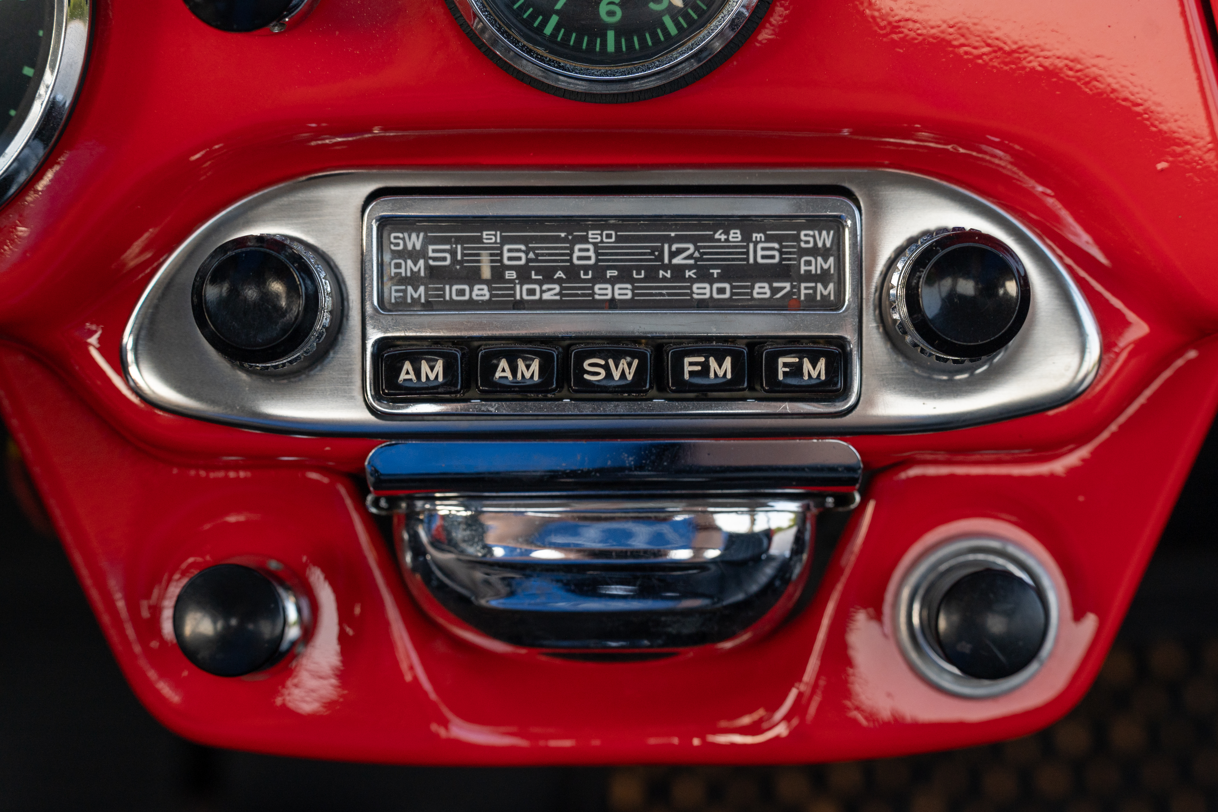 Radio on a Red on Black 1965 Porsche 356C Coupe shot in Austin, TX.