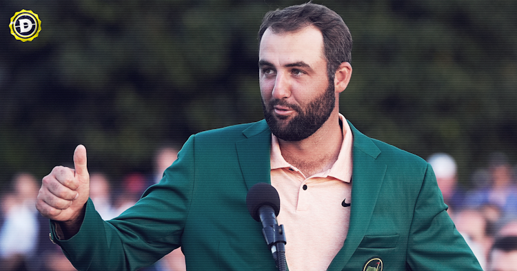 Scottie Scheffler celebrates in the green jacket after winning the 2024 Masters at Augusta National.
