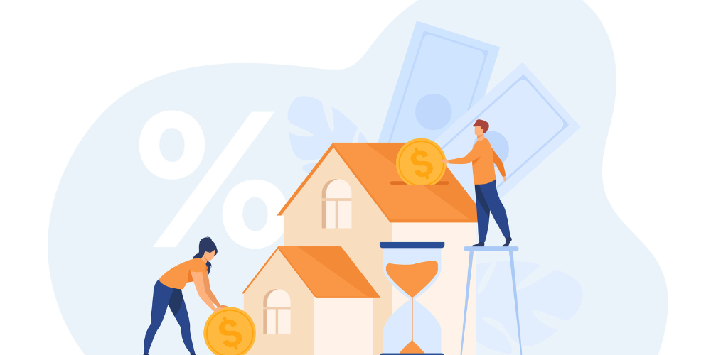 Illustration representing young couple investing money in property.