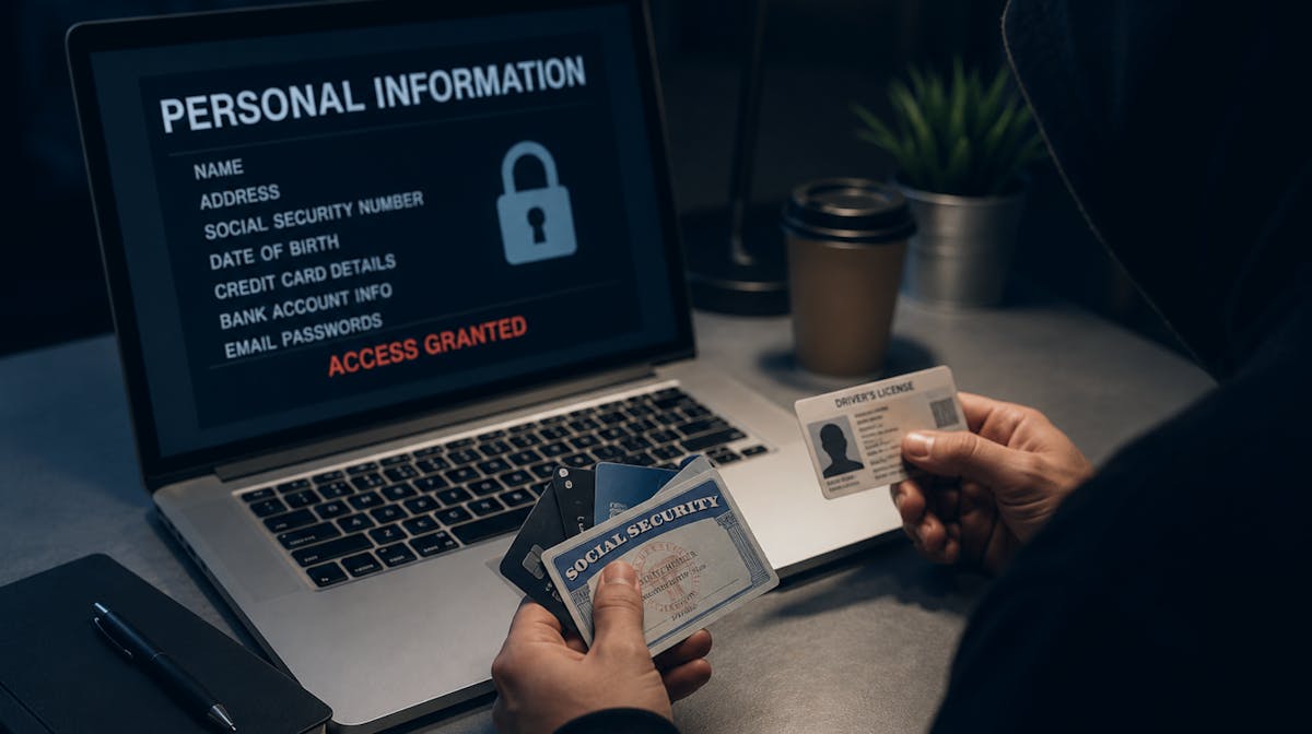 Person holding various forms of identification, with a laptop showing access granted to personal identifying information.
