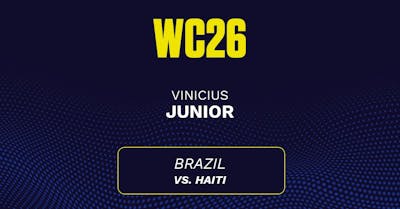 Vinicius Junior's predicted stats vs. Haiti, including anytime goal projection