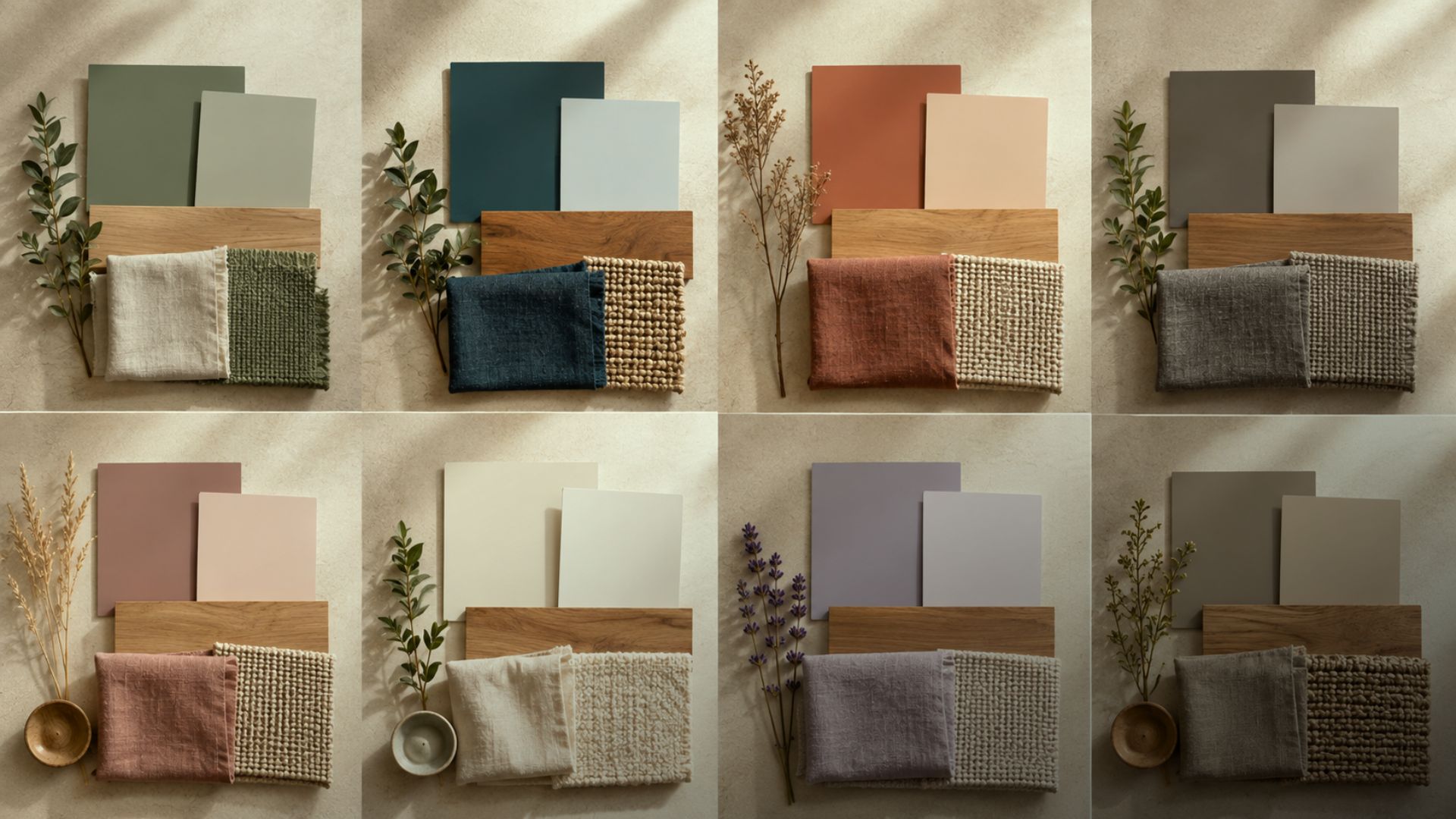 Amostras de cores para quarto combinadas com madeira e tecidos