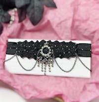 Gothic Choker Necklace with Rhinestones Pendant and Layered Chains, Wide Black Elastic Choker Collar, Upcycled Whimsigoth Jewelry Gifts for Her