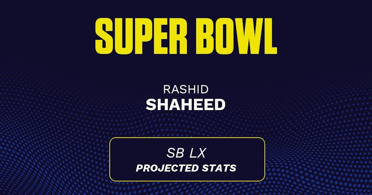 Rashid Shaheed projected stats for the 2026 Super Bowl.