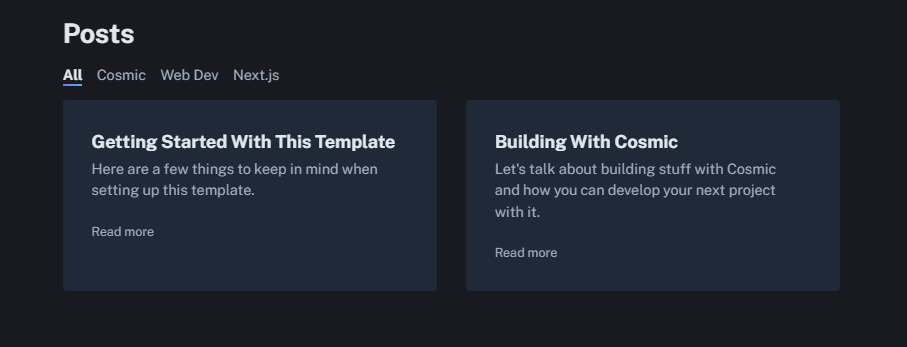 List of Blog Posts in the Cosmic Next.js Developer Portfolio Template