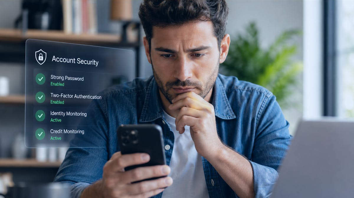 Worried man looking at his phone next to a laptop, with a floating image of Account Security steps to take