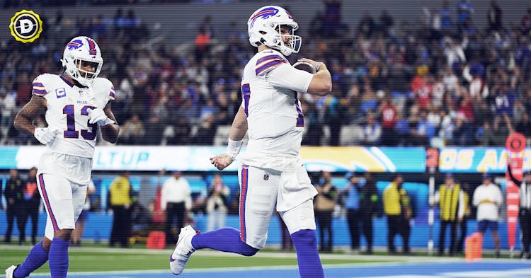 Josh Allen celebrates scoring a touchdown.