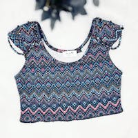 Upcycled Crop Top, handmade beaded cap sleeve cropped top featuring a handcut design from a salvaged dress.