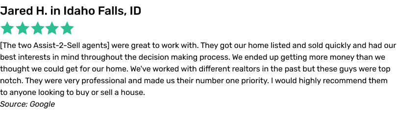 The two Assist-2-Sell agents were great to work with. They got our home listed and sold quickly and had our best interests
in mind throughout the decision making process. We ended up getting more money than we thought we could get for our home. We've worked with different realtors in the past but these guys were top notch. They were very professional and made us their
number one priority. I would highly recommend them to anyone looking to buy or sell a house.