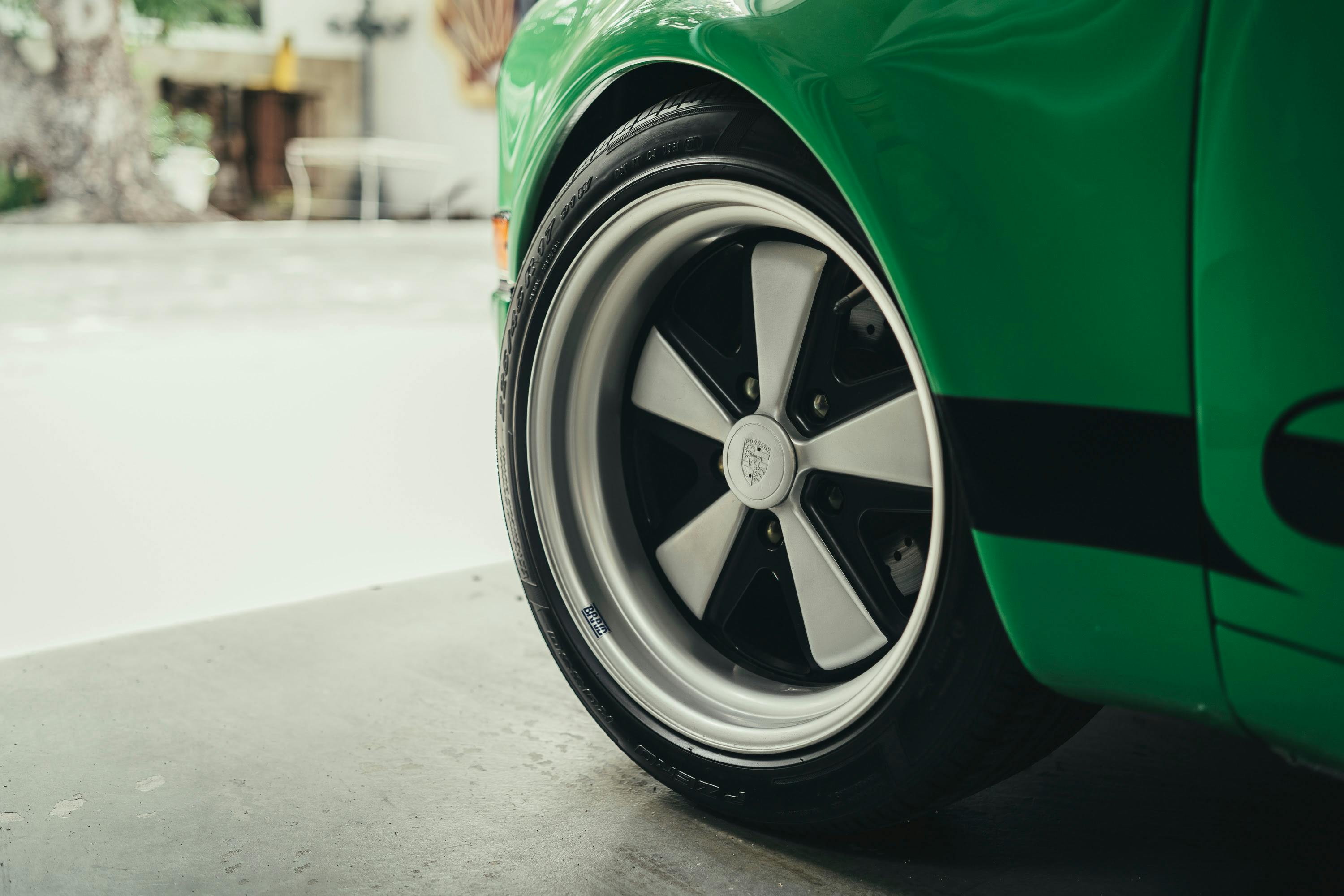 Green 911 Hotrod with Braid wheels at Wholesale California.