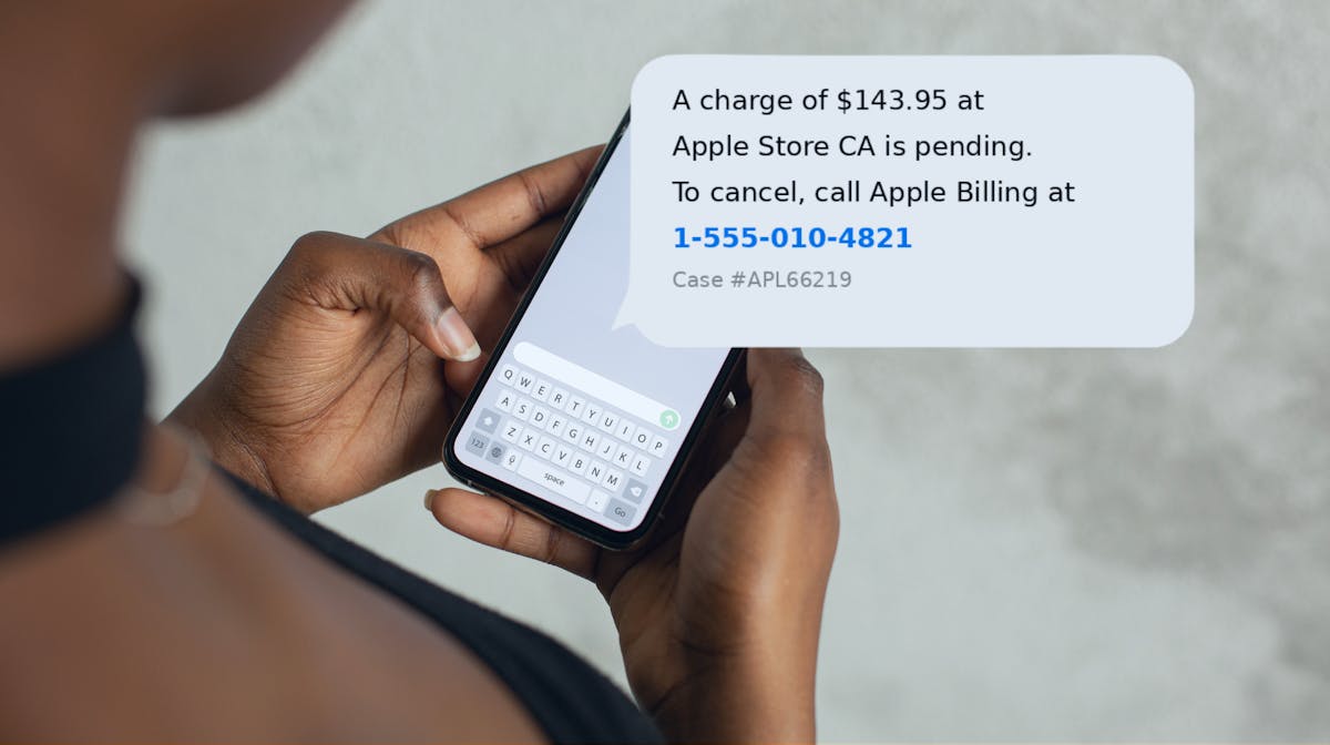 Phone displaying an Apple Pay scam text message: a fake unauthorized transaction alert with no refund protection