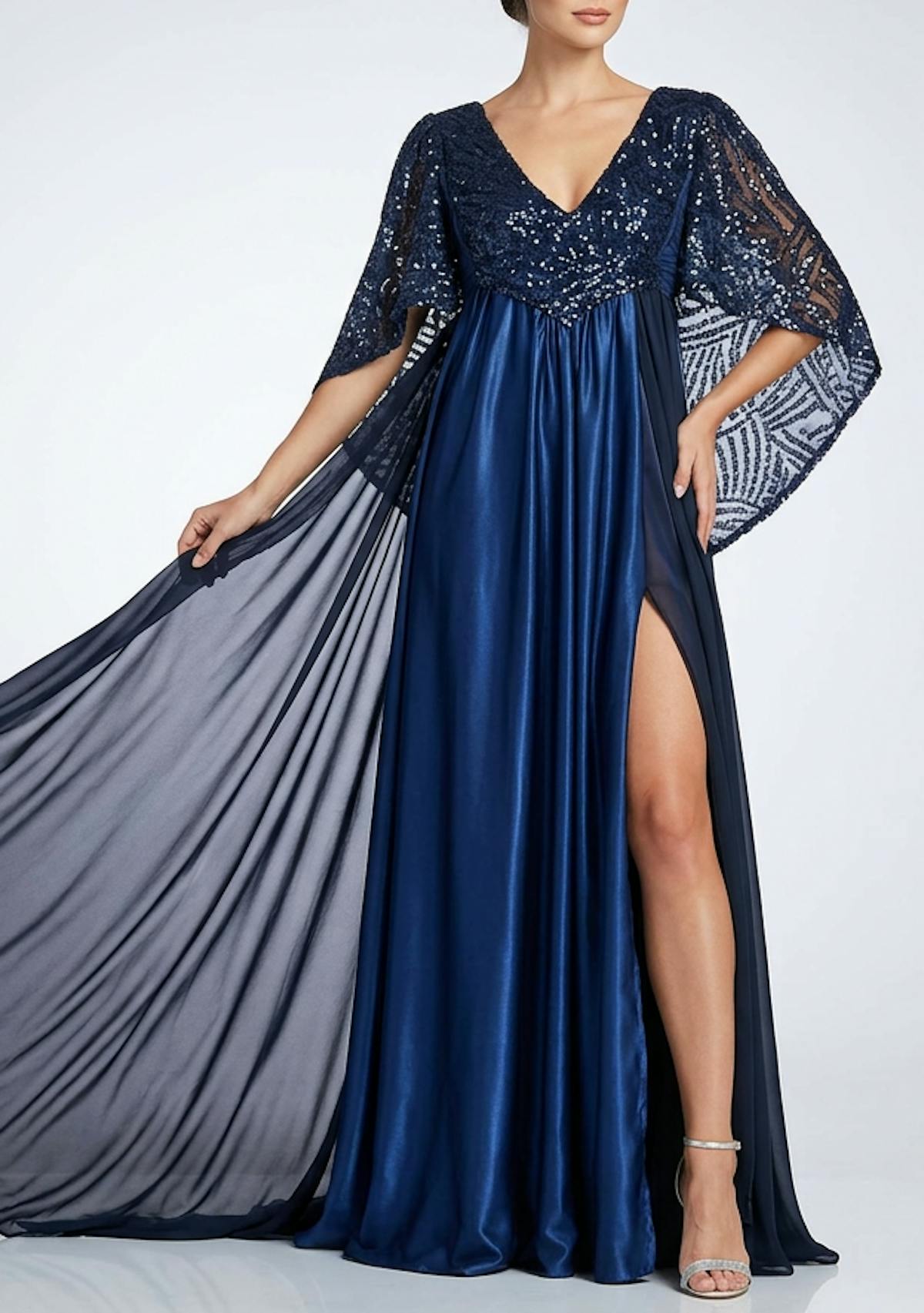 Navy Sequins maxi gown capelet sleeves side slit skirt