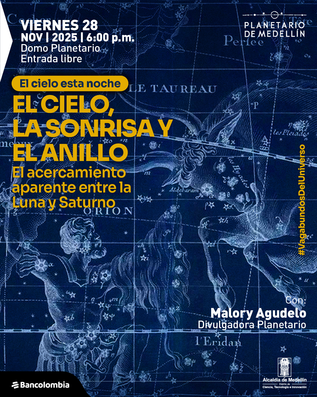 Ilustración. Sobre un fondo azul con un mapa estelar antiguo donde se distinguen figuras mitológicas y constelaciones, aparece en la esquina superior izquierda un bloque de texto que dice: «Viernes veintiocho de noviembre de dos mil veinticinco a las seis de la tarde. Domo Planetario. Entrada libre». Más abajo, dentro de una forma alargada, se lee: «El cielo esta noche». En el centro, un texto grande indica: «El cielo, la sonrisa y el anillo». Debajo aparece: «El acercamiento aparente entre la Luna y Saturno». En la zona inferior derecha se encuentra: «Con: Malory Agudelo, divulgadora Planetario». Se observa al lado derecho la etiqueta «Vagabundos del universo».