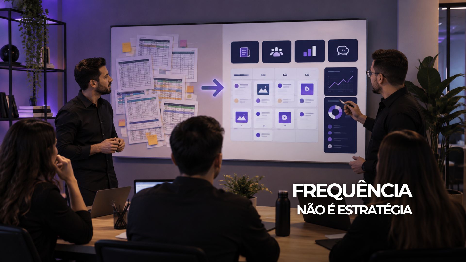 Equipe organiza pilares, calendário, interações e métricas para uma estratégia de redes sociais.