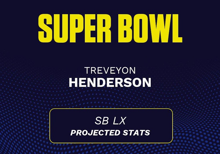 TreVeyon Henderson projected stats for the 2026 Super Bowl.