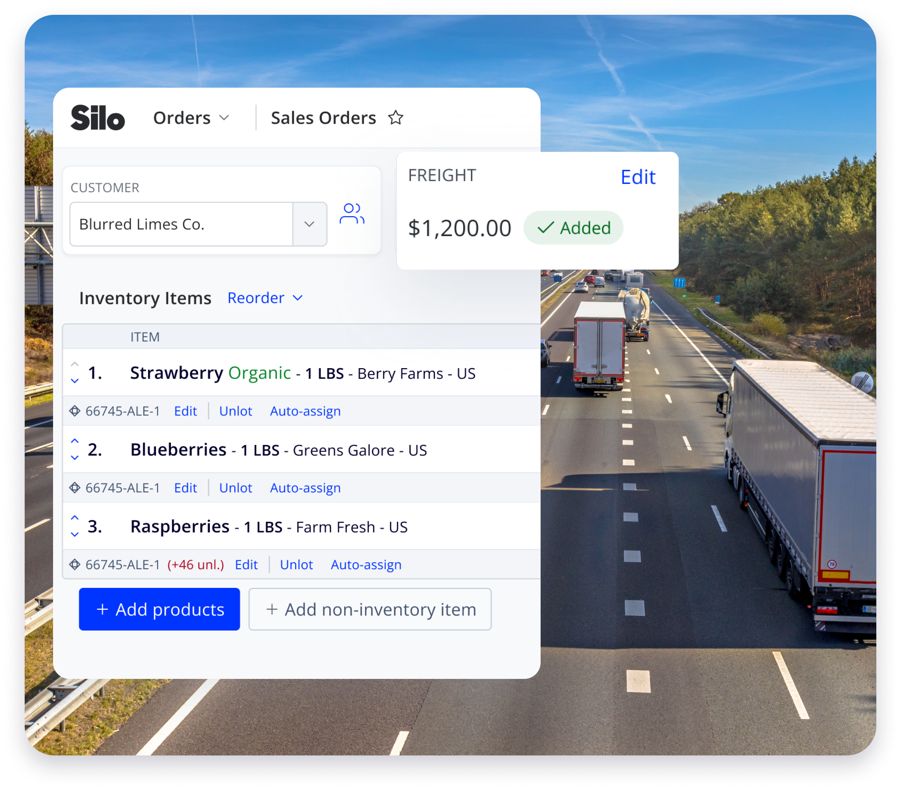 Silo user adding freight directly from their order screen. 