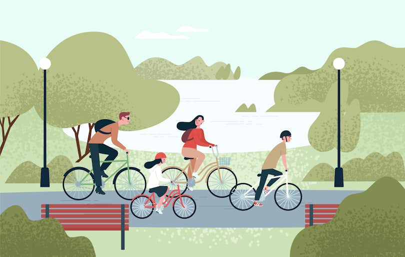 Illustration of a family biking through a park.