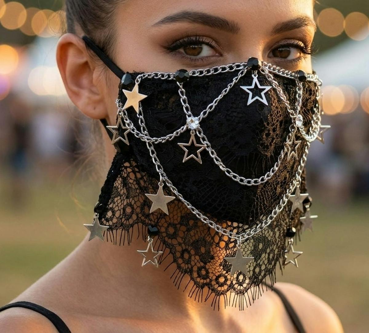 Celestial Star Lace Face Mask, Black Gothic Chain Mask Accessory