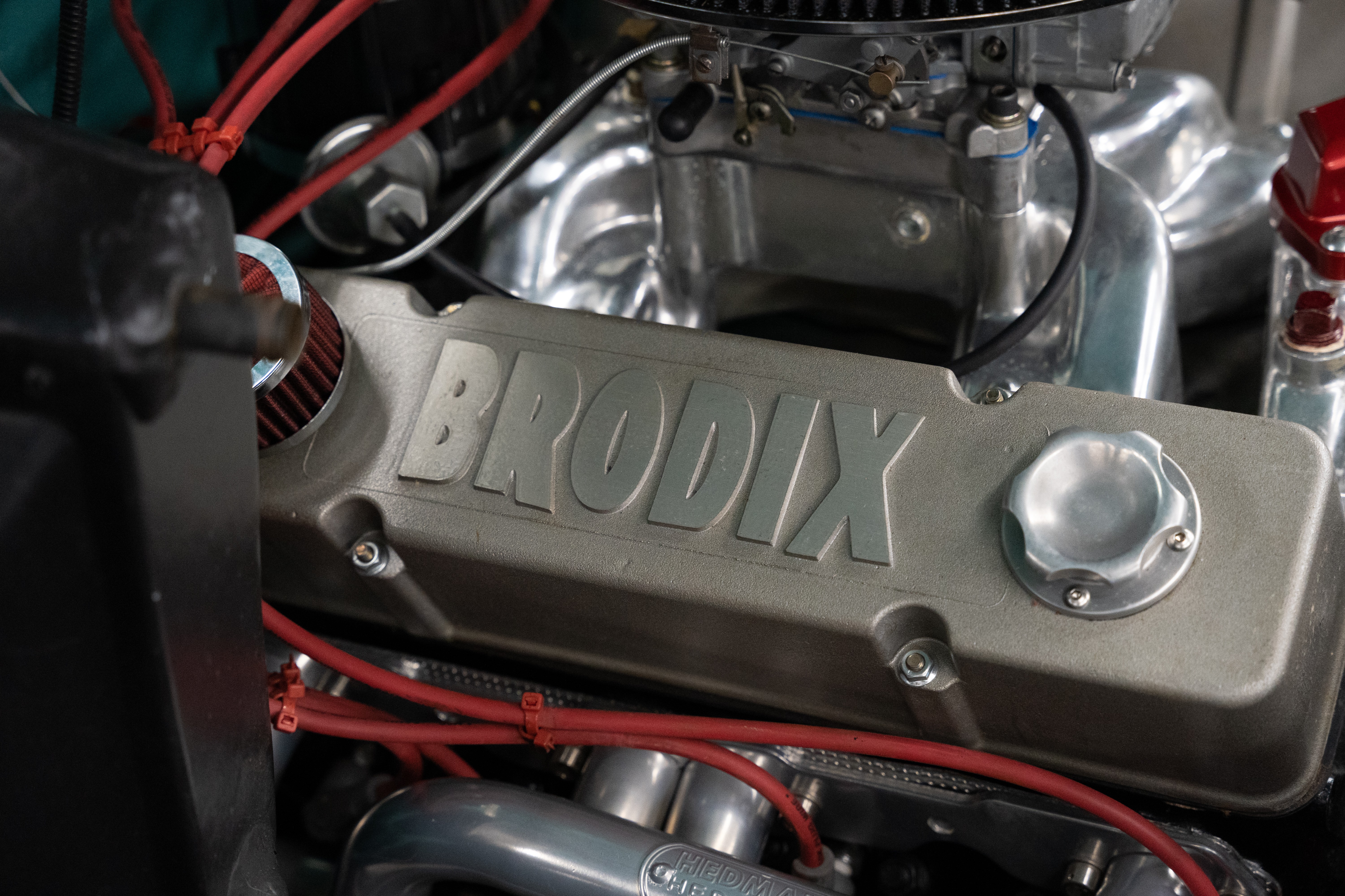 Engine bay in a Pro Street modified 1968 Chevrolet C10 pickup.