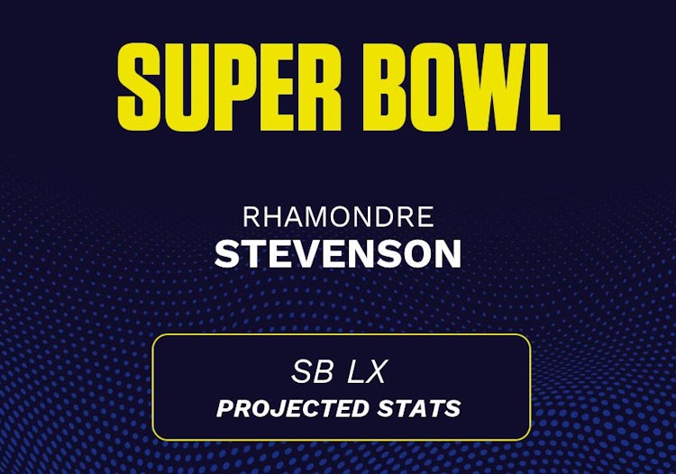Rhamondre Stevenson projected stats for the 2026 Super Bowl.