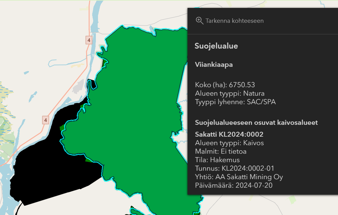Viiankiaavalla suojelualueeseen osuu kaivoshakemus