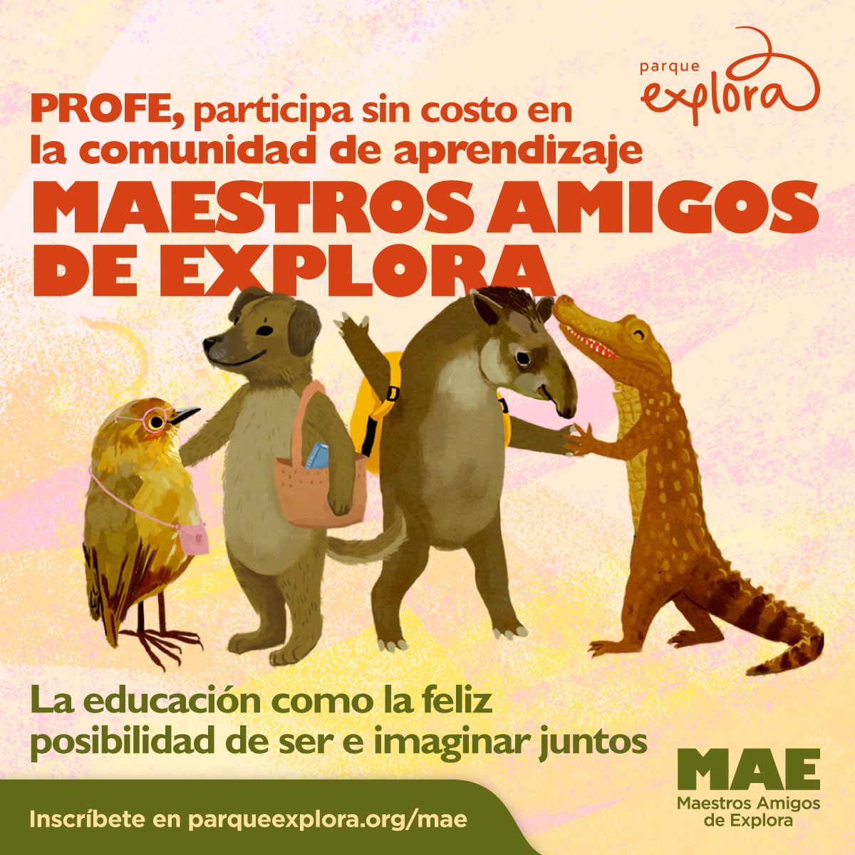Ilustración. De pie, de perfil y de cuerpo entero se ven cuatro animales personificados. A la izquierda, un pájaro con gafas y un bolso que cuelga de su cuello mira hacia la derecha a un perro que sonríe y que tiene un bolso más grande colgando de un brazo, del que se asoma un libro. En tercer lugar, se ve una danta con un morral a la espalda que está mirando a un lagarto. Arriba un texto dice: “Profe, participa en Maestros Amigos de Explora”. Abajo otro texto dice: “La educación como la feliz posibilidad de ser e imaginar juntos. Inscríbete en parqueexplora.org/mae”.