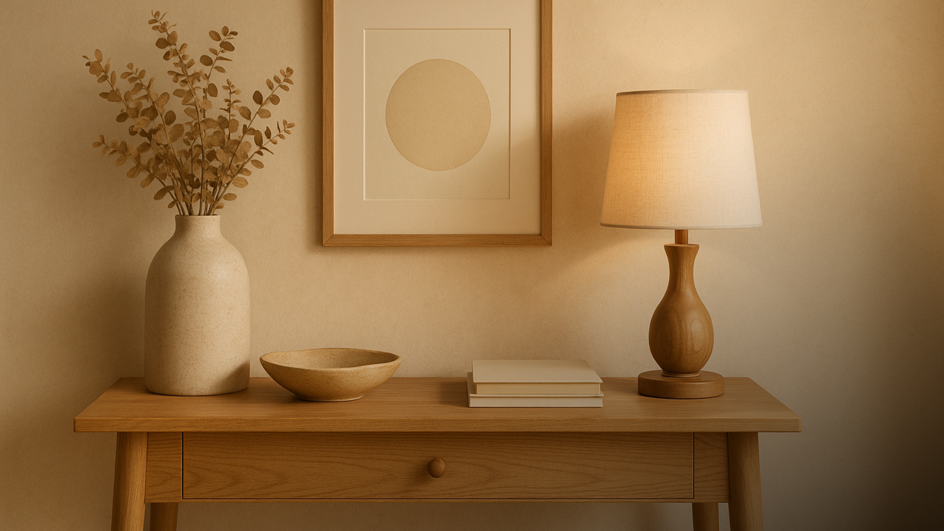 Composição com parede Papel Antigo e móveis em madeira natural.