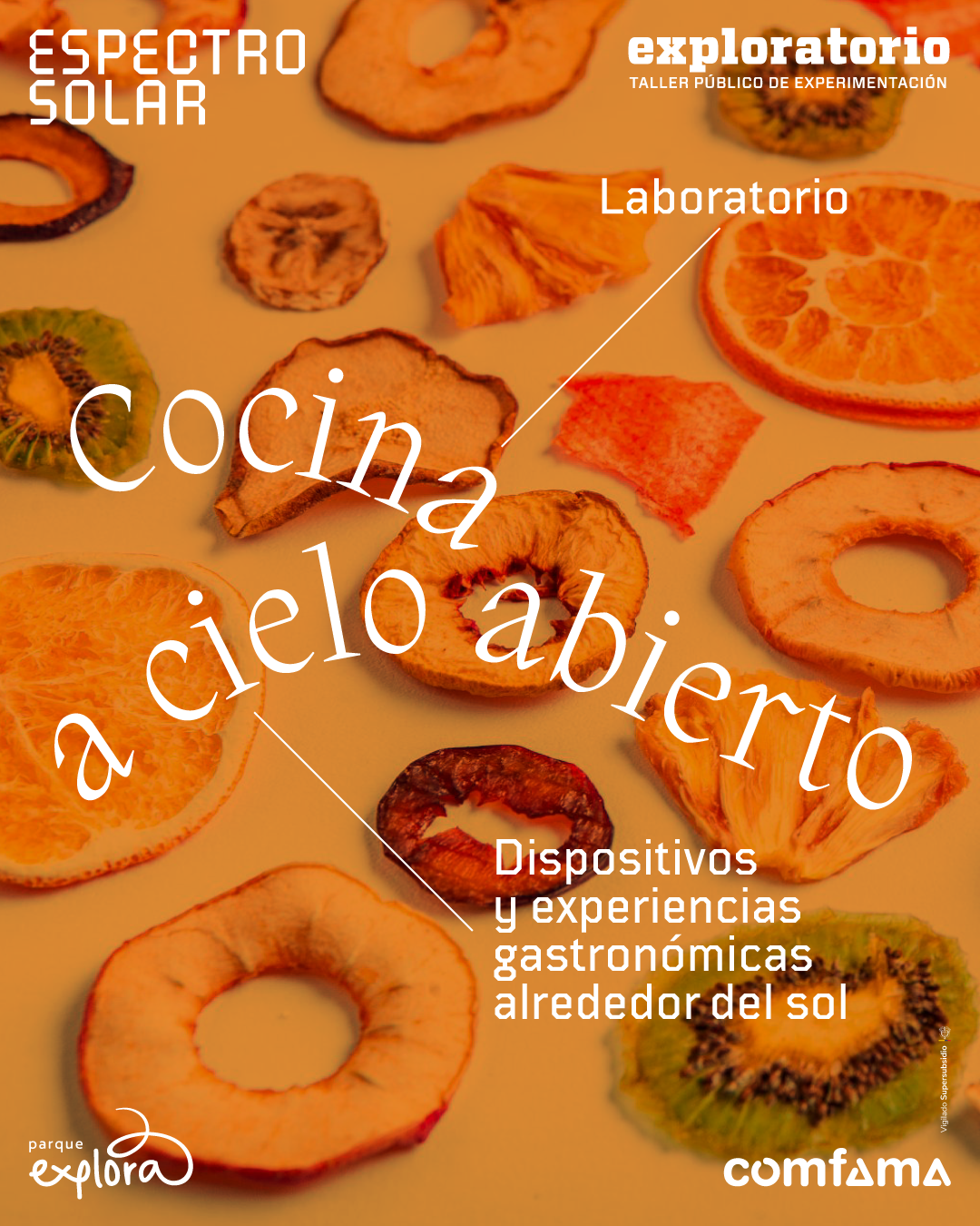 Ilustración. Sobre un fondo claro se disponen distintas rodajas y fragmentos de frutas deshidratadas vistas desde arriba: se distinguen círculos de naranja, manzana y kiwi, así como piezas irregulares de otras frutas. En la parte superior izquierda se lee: «Espectro solar». En la parte superior derecha: «Taller público de experimentación». Hacia el centro superior aparece la palabra: «Laboratorio», señalada por una línea. En diagonal y ocupando el centro se lee: «Cocina a cielo abierto». En la parte inferior derecha se encuentra el texto: «Dispositivos y experiencias gastronómicas alrededor del sol».