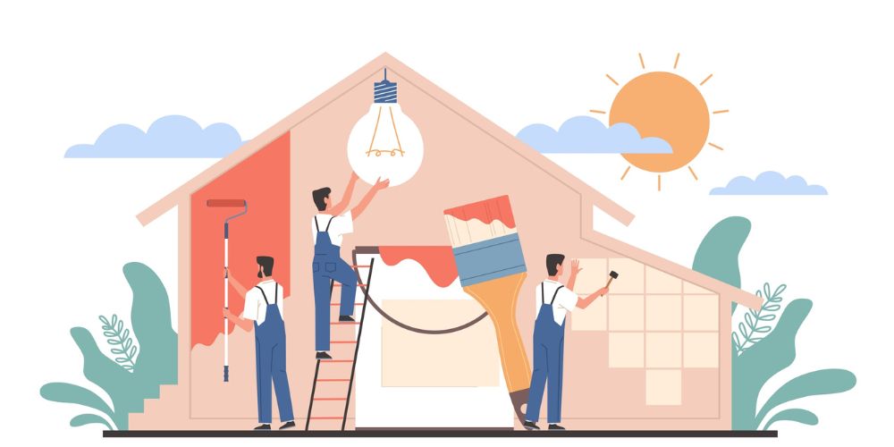 An illustration of three contractors fixing various things around a house.