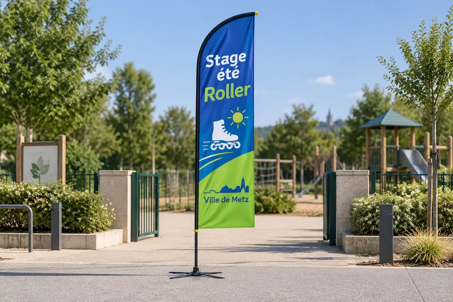Drapeau publicitaire Plume personnalisé, voile polyester effilée montée sur mât aluminium