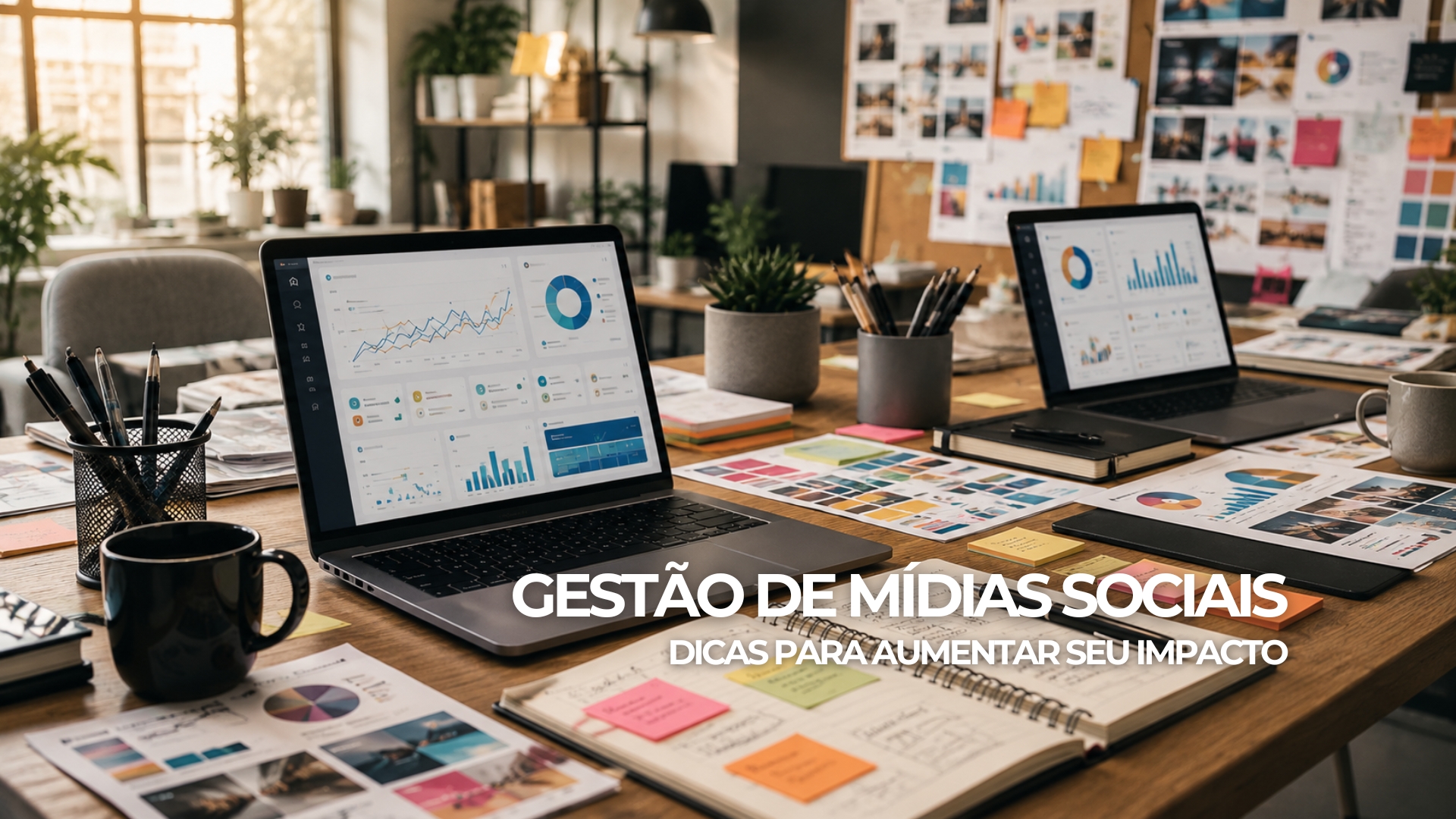 Banner sobre gestão de mídias sociais com planejamento de conteúdo, métricas digitais e estratégia de engajamento
