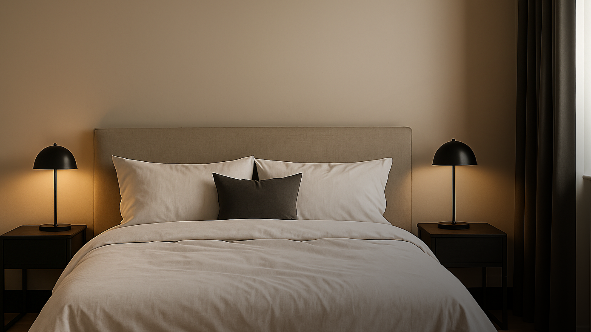 Quarto moderno com parede Duna Maranhense levemente acinzentada.