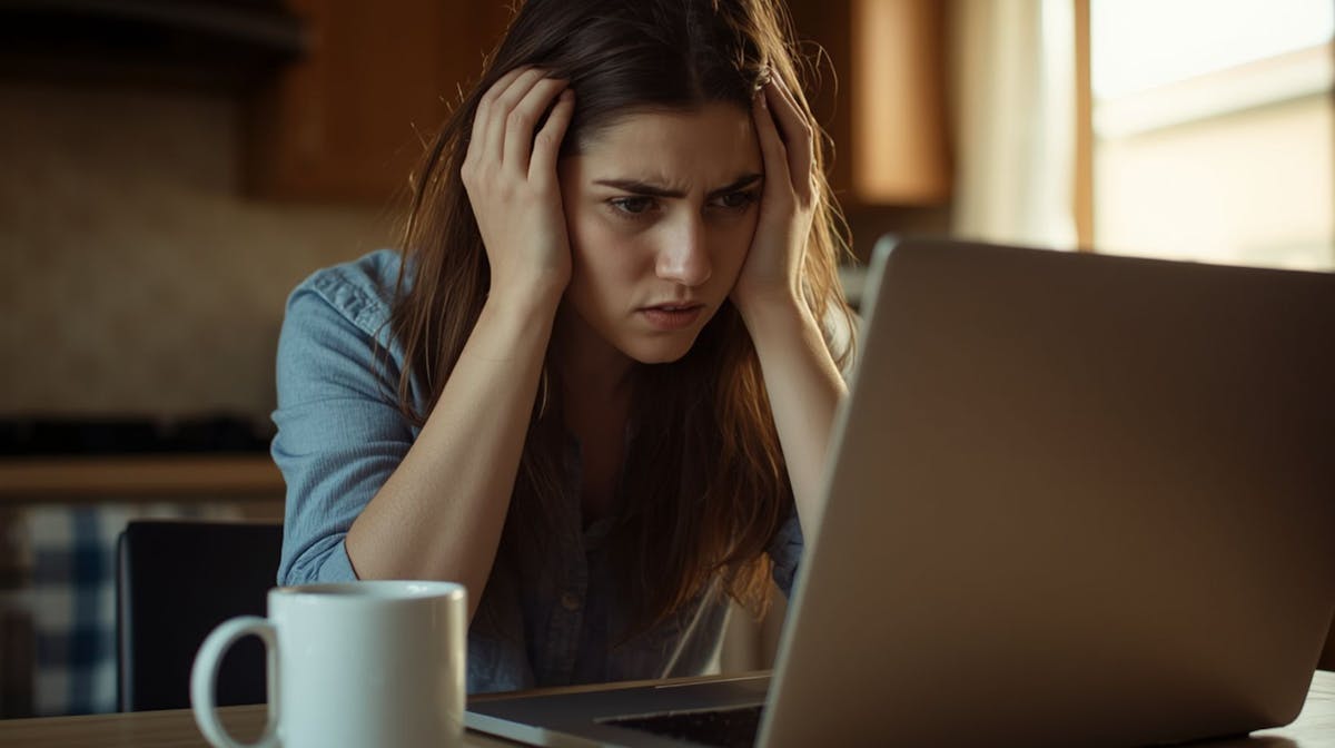 Stressed woman at laptop after a data breach, showing identity theft and dark web exposure risk.