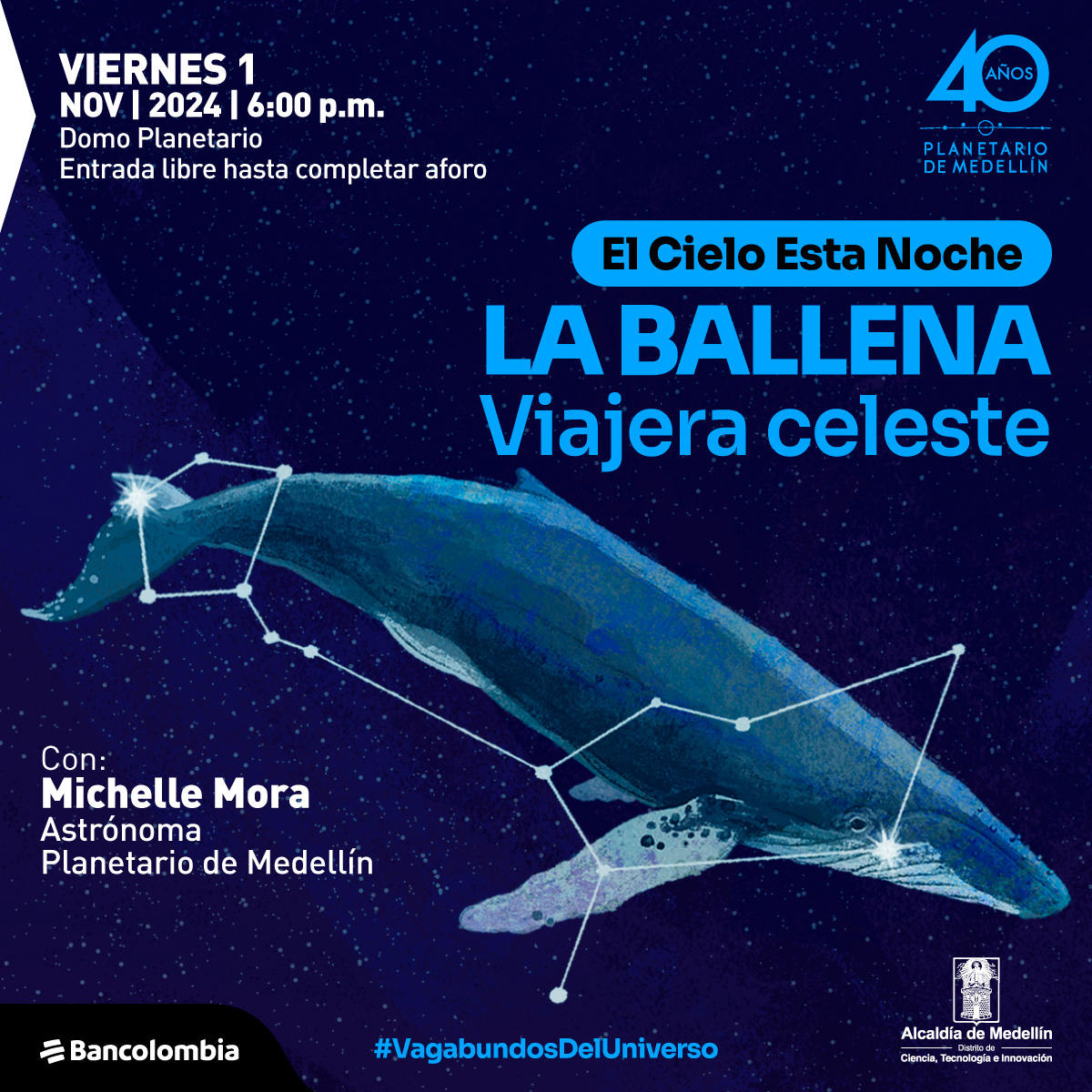 Ilustración. Sobre un fondo estrellado aparece el dibujo de una ballena de perfil, sobre ella varios puntos que se unen con líneas formando una figura. En la parte superior de la imagen un texto que dice: "Viernes 1 de noviembre de 2024 a las 6 de la tarde. Domo Planetario. Entrada libre hasta completar aforo. El cielo esta noche. La ballena, viajera celeste". En la parte inferior de la imagen un texto que dice: "Con Michelle Mora, astrónoma Planetario de Medellín. #VagabundosDelUniverso".