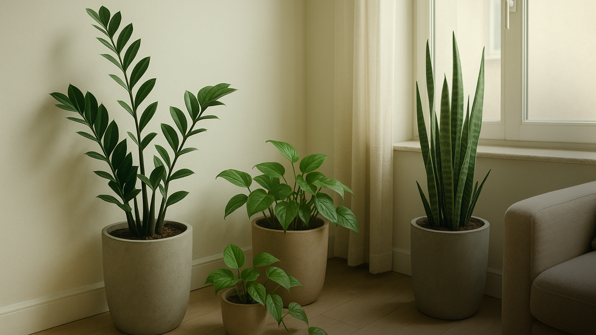 Canto com plantas de fácil cuidado em vasos neutros, luz natural suave e composição minimalista