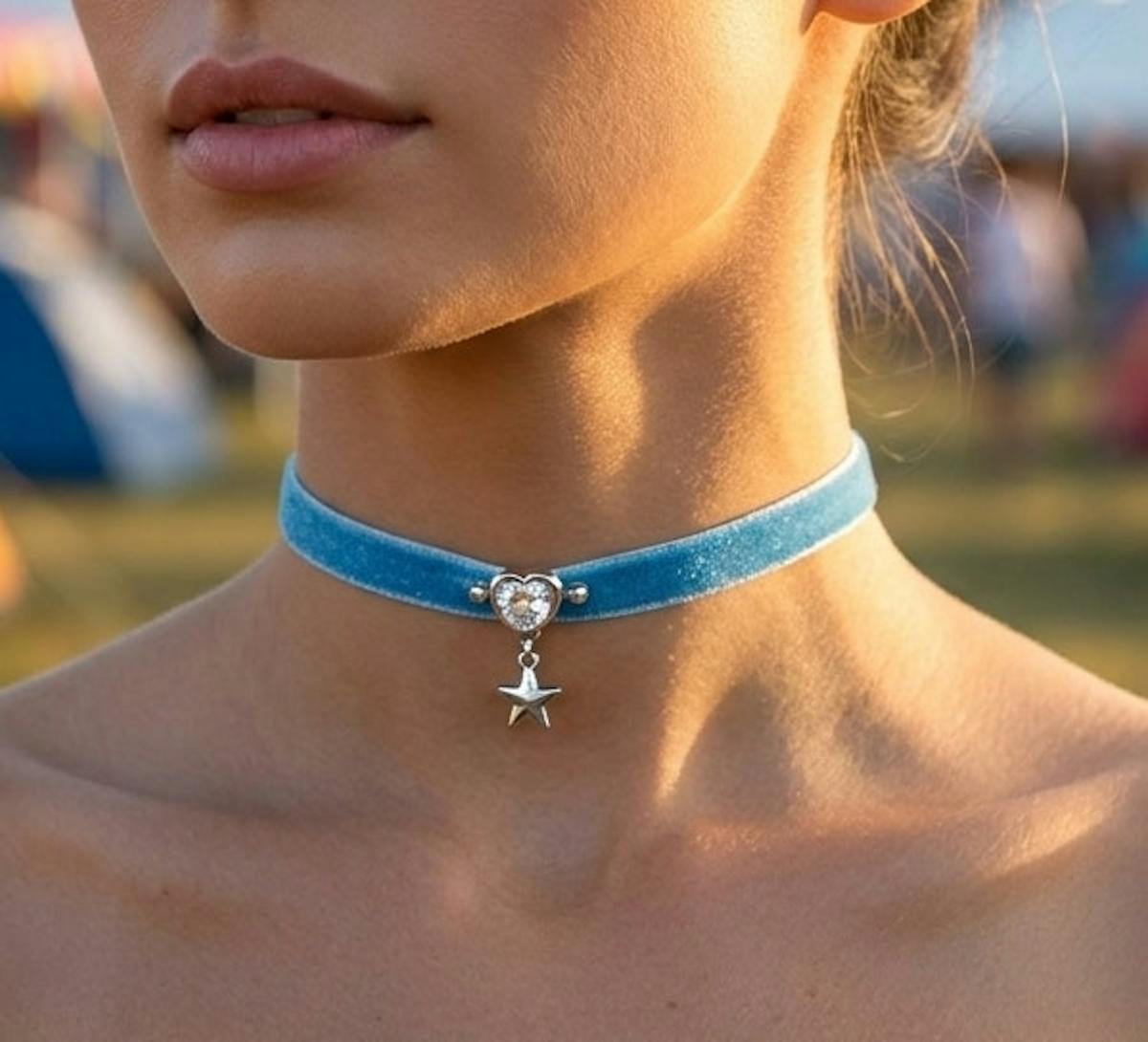 thin blue velvet choker necklace with rhinestone heart and dangle star charm for festival fashion, whimsical jewelry and handmade gifts for her.