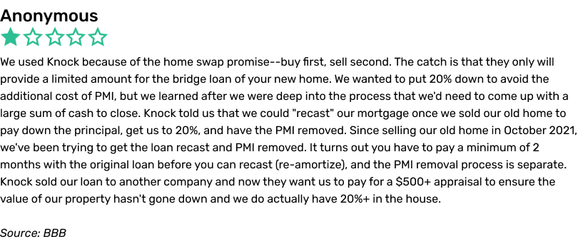Anonymous complaint, BBB. We used Knock because of the home swap promise—buy first, sell second.The catch is that they only will provide a limited amount for the bridge loan of your new home. We wanted to put 20% down to avoid the additional cost of PMI, but we learned after we were deep into the process that we'd need to come up with a largesum of cash to close. Knock told us that we could