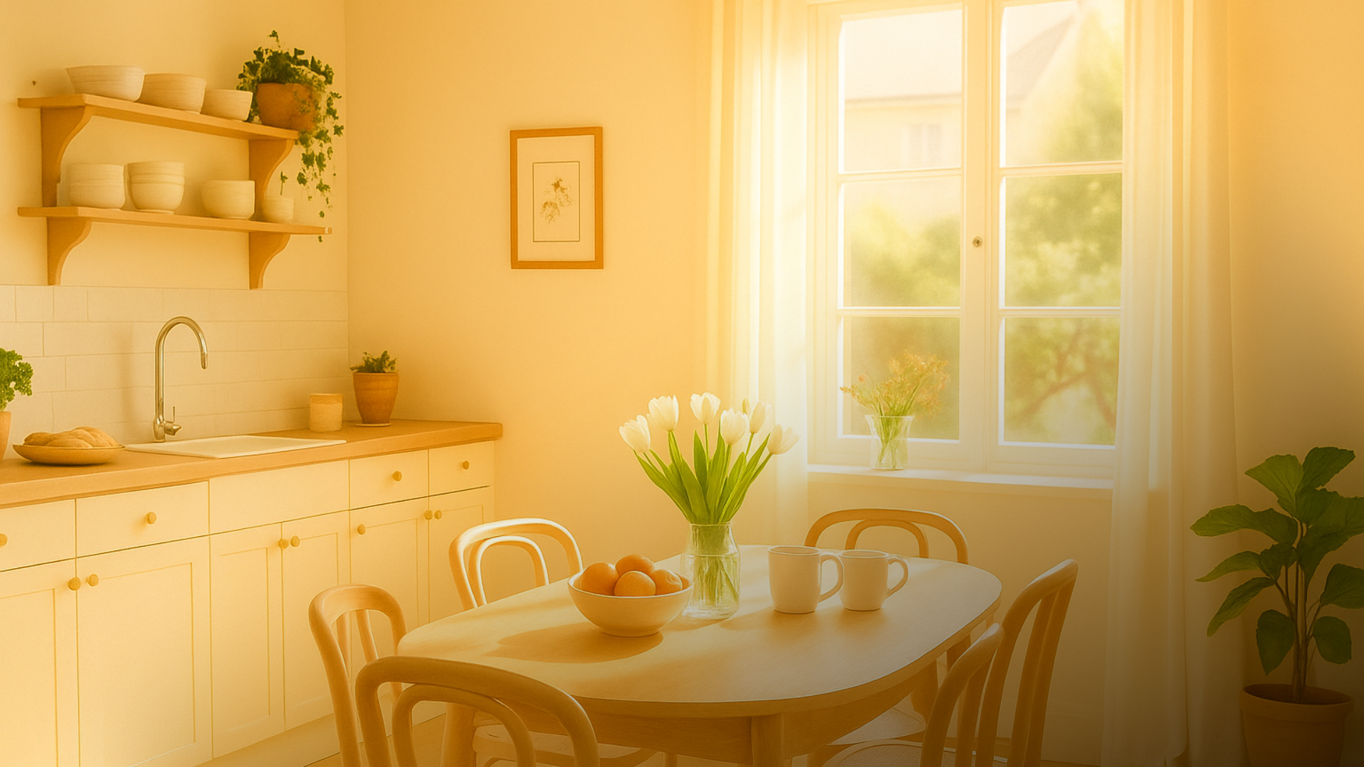 Cozinha/sala de jantar iluminada com parede Sorvete de Creme.