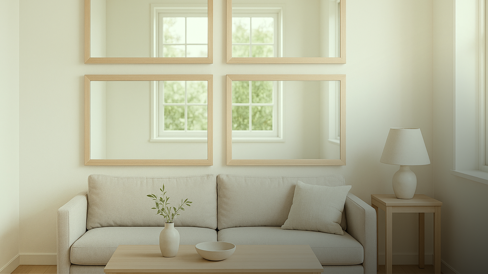 Parede com composição de espelhos simples refletindo luz natural e ampliando o ambiente