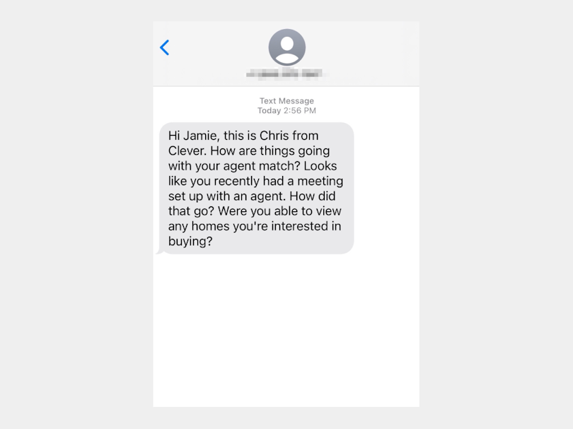A text message from a  Clever Concierge checking in to see how things are going with my agent.