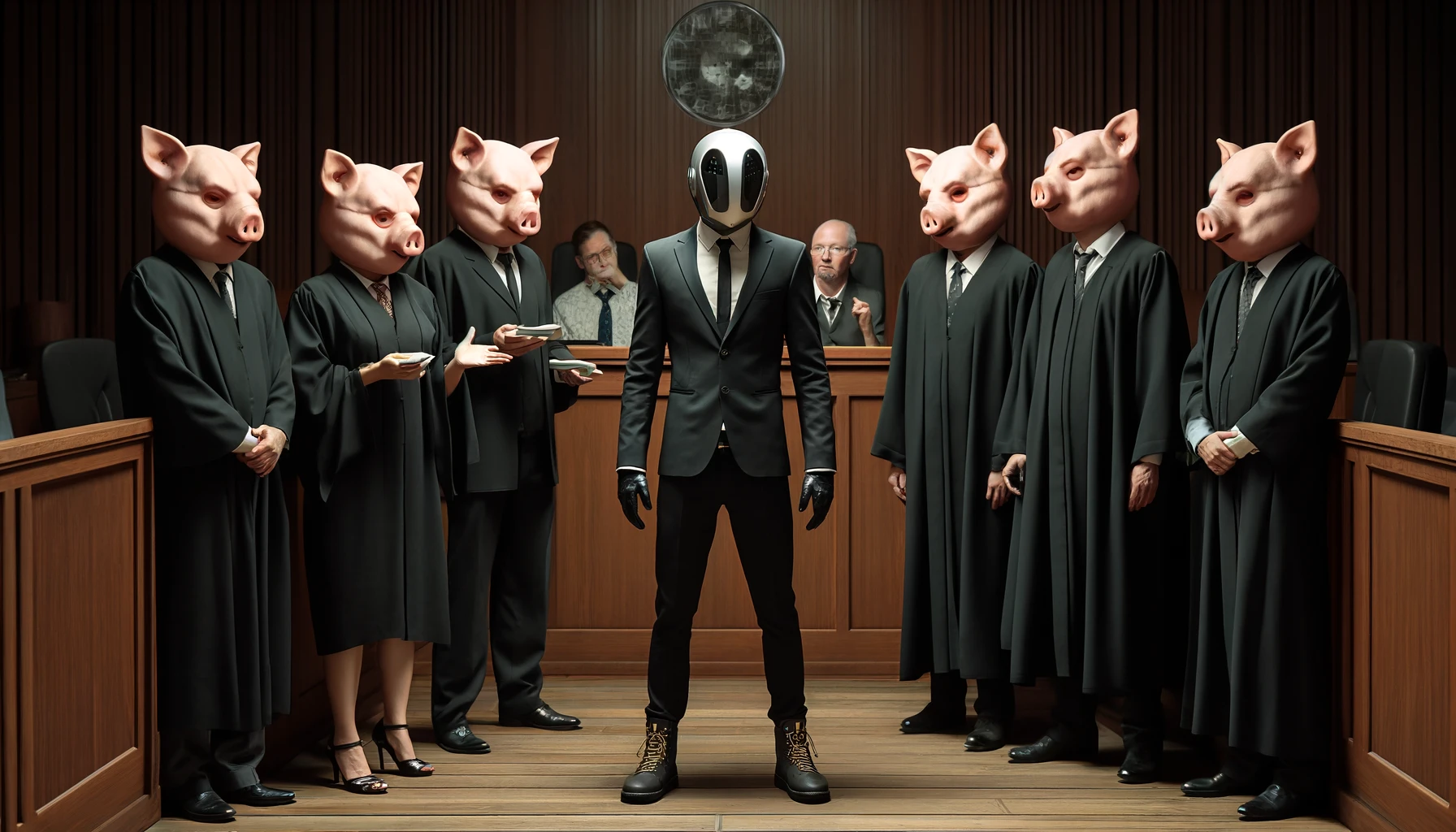 DALLE-2024-05-12-15.05.13---In-a-courtroom-a-humanoid-robot-stands-trial-flanked-by-three-judges-wearing-suits-and-distinctive-elongated-pig-like-masks-covering-their-heads.-T.webp