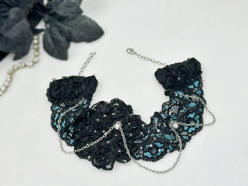 Blue and Black Floral Lace collar necklace