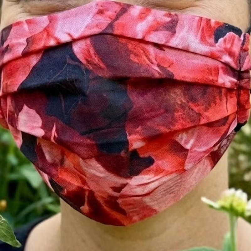 Red Floral Chiffon Face Mask, two layers sheer flower face cover
