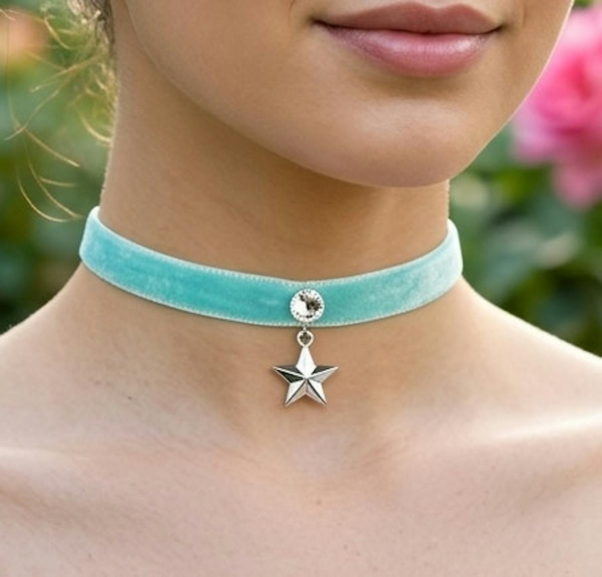 Thin Teal Velvet choker necklace with celestial silver tone star and rhinestone, fairycore jewelry gifts for her