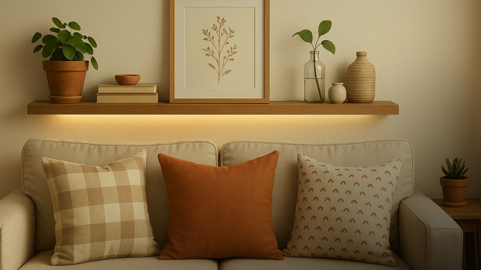 Composição econômica: almofadas novas, pôster emoldurado, fita LED discreta e prateleiras com objetos afetivos