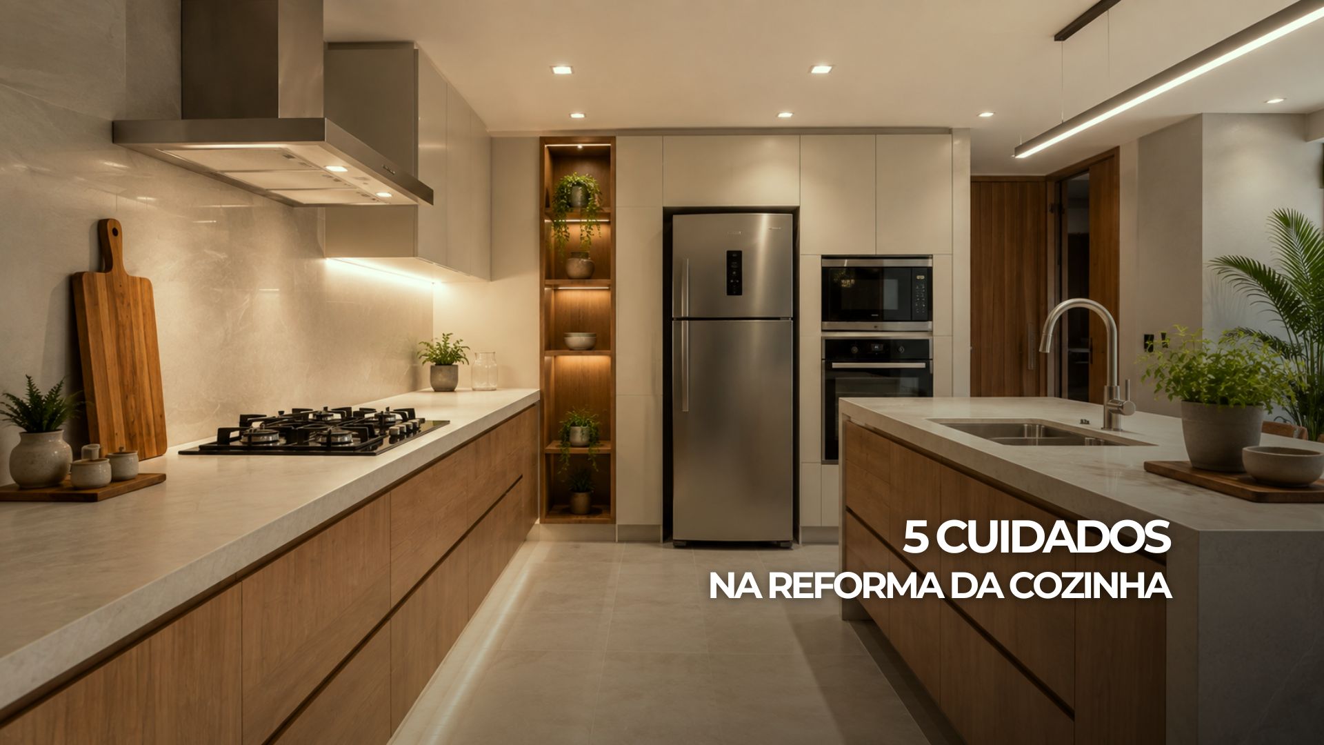 Cozinha contemporânea reformada com bancada funcional, iluminação neutra e piso acetinado.