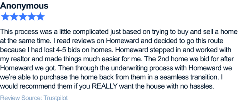 This process was a little complicated just based on trying to buy and sell a home at the same time. I read reviews on Homeward and decided to go this route because I had lost 4-5 bids on homes. Homeward stepped in and worked with my realtor and made things much easier for me. The 2nd home we bid for after Homeward we got. Then through the underwriting process with Homeward we we’re able to purchase the home back from them in a seamless transition. I would recommend them if you REALLY want the house with no hassles.